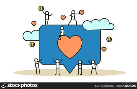Social media like business feedback message vector. Networking internet people man and woman illustration. Concept follow heart love character repost marketing. User customer group background