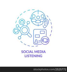 Social media listening blue gradient concept icon. Market research. Identifying customer needs abstract idea thin line illustration. Isolated outline drawing. Myriad Pro-Bold font used. Social media listening blue gradient concept icon