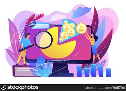 Social media managers work with social media profiles and platforms. Social media management, company SMM strategy, digital marketing tool concept. Bright vibrant violet vector isolated illustration. Social media management concept vector illustration.