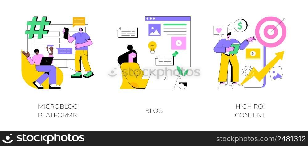 Social media marketing abstract concept vector illustration set. Microblog platform, blog and high ROI content, influencer, brand promotion, followers and subscriptions, viral content abstract metaphor.. Social media marketing abstract concept vector illustrations.