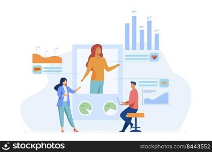 Social media marketing analysis. Managers analyzing profile likes, comments, views flat vector illustration. Internet, promotion, smm concept for banner, website design or landing web page