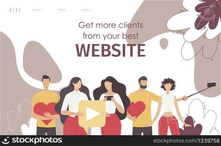 Social Media Marketing Campaign, Content Promotion Company, Platform or Service for Blogging Web Banner, Landing Page Template. Men and Women Bloggers, online Users Trendy Flat Vector Illustration