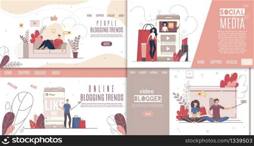 Social Media Marketing Company, Blogging Trends Review Channel, Lifestyle Vlogger Web Banner, Landing Page Templates Set. Beauty Blogger, Live Streamer Shooting Video Trendy Flat Vector Illustration