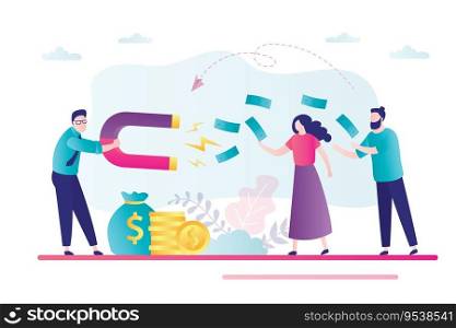 Social media marketing, concept banner. Entrepreneur use magnet. Businessman attracts consumer money. People with banknotes. Technology of online marketing. Promotion c&aign. Vector illustration