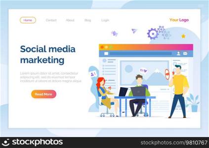 Social media marketing concept. Colleagues promote customer profile. Employees create online advertising to grow followers in account of social network. Marketing website landing page template. Employees create advertising to grow followers in social network account, promote customer profile