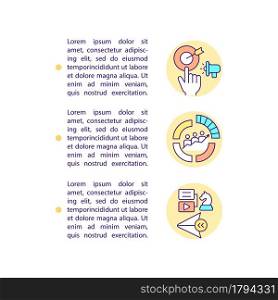Social media marketing concept line icons with text. PPT page vector template with copy space. Brochure, magazine, newsletter design element. Online promotion strategy linear illustrations on white. Social media marketing concept line icons with text