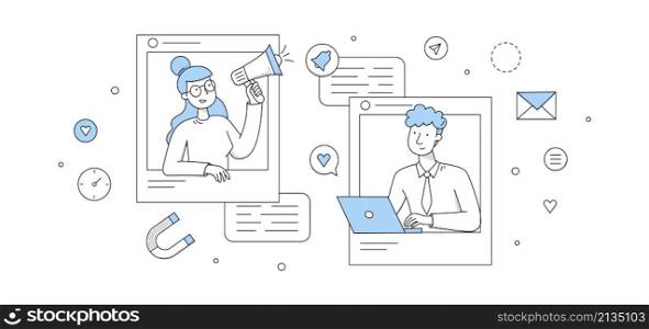 Social media marketing concept with people lead blog and icons of SMM. Vector doodle illustration of man with laptop, woman with megaphone, signs of email, magnet and heart. Social media marketing concept, people lead blog