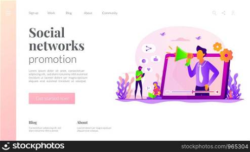 Social media marketing, digital promo campaign. SMM strategy. Like comment share giveaway, social networks promotion, like farming concept. Website homepage header landing web page template.. Social network promotion landing page template