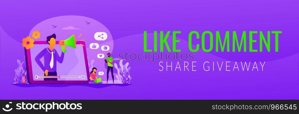Social media marketing, digital promo campaign. SMM strategy. Like comment share giveaway, social networks promotion, like farming concept. Header or footer banner template with copy space.. Social network promotion web banner concept