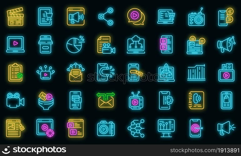 Social media marketing icons set. Outline set of social media marketing vector icons neon color on black. Social media marketing icons set vector neon