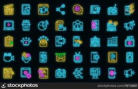 Social media marketing icons set. Outline set of social media marketing vector icons neon color on black. Social media marketing icons set vector neon