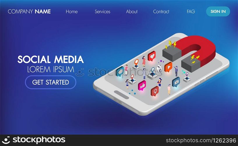 Social media marketing isometric landing page with character.Magnet marketing advertising info concept.Vector website template with 3d illustrator strategy, line art, landing page.