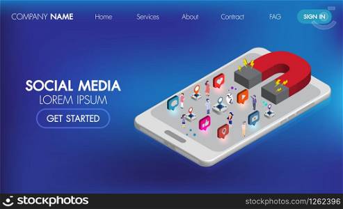 Social media marketing isometric landing page with character.Magnet marketing advertising info concept.Vector website template with 3d illustrator strategy, line art, landing page.