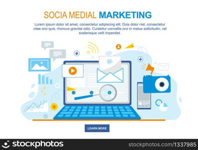 Social Media Marketing. Notebook Screen with Internet Icons Vector Illustration. Online Business Financial Sucess. Analytics Promotion, Share, Like Post. Advertising Marketing SEO. Mobile Technology. Social Media Marketing Internet Icons on Notebook