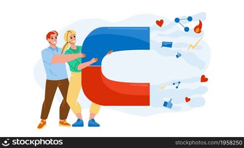 Social Media Marketing Online Business Vector. Man And Woman With Magnet Doing Social Media Marketing In Internet. Characters Managers Smm Professional Occupation Flat Cartoon Illustration. Social Media Marketing Online Business Vector
