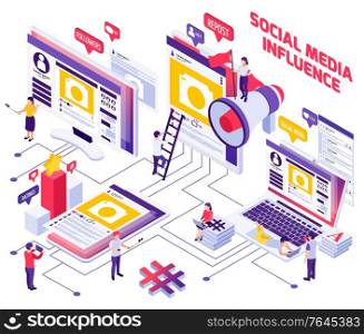 Social media marketing promotion increasing sales followers customers purchase decision influence concept isometric flowchart composition vector illustration. SMM Promotion Isometric Concept