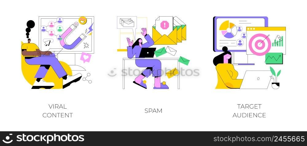 Social media marketing strategy abstract concept vector illustration set. Viral content, spam, target audience, internet meme, mail filter, web security, sharing post, campaign abstract metaphor.. Social media marketing strategy abstract concept vector illustrations.