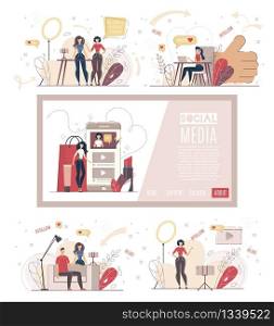 Social Media Marketing Strategy Development Company, Online Promotion Campaign, Popular Content Creator Web Banner, Landing Page Template. Blogging Man and Woman Trendy Flat Vector Illustration