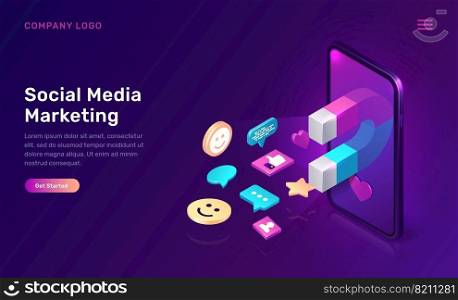 Social media marketing, viral mms, vector isometric concept. 3D mobile phone screen with large magnet attracting social media content icons, like and followers, chat messages, ultraviolet app web page. Social media marketing, viral mms isometric