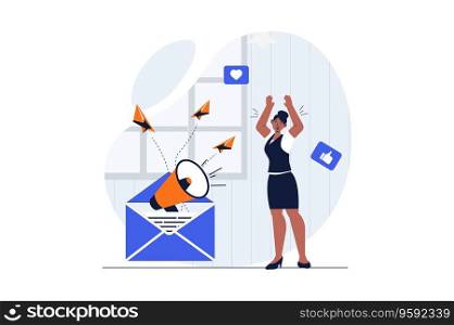 Social media marketing web concept with character scene. Woman making online promotion with promo newsletters. People situation in flat design. Vector illustration for social media marketing material.