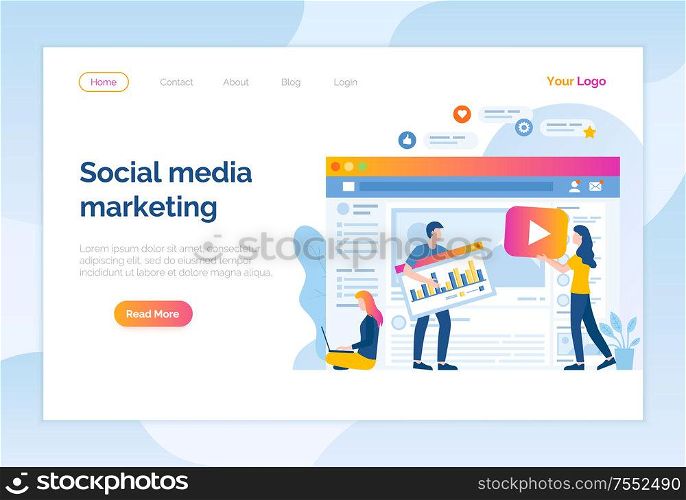 Social media marketing website online page people vector. Workers filling information for site, optimization and development of seo search engine. Networking connection. Social Media Marketing Website Online Page People