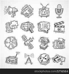 Social media mobile communication technologies hand drawn icons set isolated vector illustration