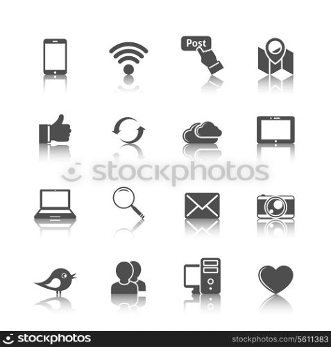 Social media mobile global network set with computer cloud tablet monochrome icons isolated vector illustration