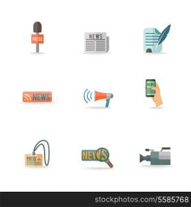 Social media mobile press center reporter symbols emblems design pictograms collection isolated icons set flat vector illustration. Editable EPS and Render in JPG format