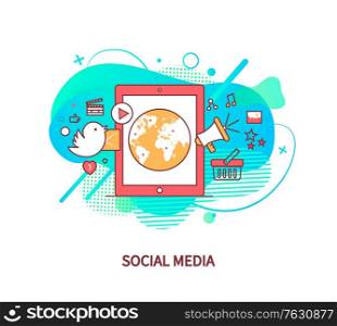 Social media network and application for communication. Smartphone with earth globe, megaphone and video icon, music and star. Communication contact concept. Vector illustration in flat cartoon style. Social Media Smartphone with Globe Earth Vector
