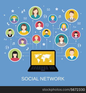 Social media network concept with male and female avatars connected via laptop vector illustration