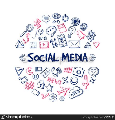 Social media network. Hand drawn infographic concept in circle shape on white background. Vector icons set social media in round badge illustration. Social media network. Hand drawn infographic concept in circle shape on white background. Vector icons set
