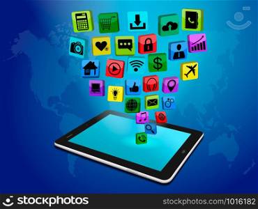 Social media networking, tablet computer with application icon, technology business software idea concept,digital marketing, vector illustration