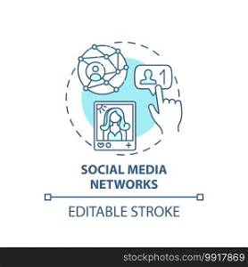 Social media networks concept icon. New media ex&le idea thin line illustration. Online platform. Staying connected with friends. Vector isolated outline RGB color drawing. Editable stroke. Social media networks concept icon