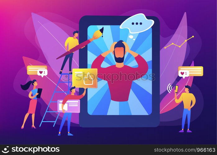 Social media networks content creating and sharing. Online communication. Internet meme, meme culture trends, best viral content production concept. Bright vibrant violet vector isolated illustration