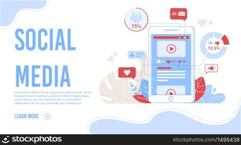 Social Media Networks Thematic Flat Landing Page with Editable Text Information. Smartphone Screen with Likes and Subscribers Statistics. Promotional Materials, Marketing. Vector Cartoon Illustration. Social Media Networks Thematic Flat Landing Page