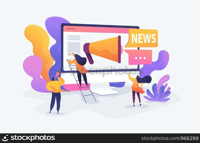 Social media, news tips, IoT and smart city concept. Vector isolated concept illustration with tiny people and floral elements. Hero image for website.. Social media and news tips, smart city concept illustration.