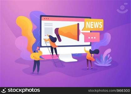 Social media, news tips, IoT and smart city concept. Vector isolated concept illustration with tiny people and floral elements. Hero image for website.. Social media and news tips, smart city concept illustration.