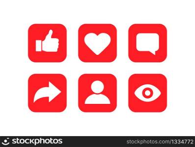 Social media notification icon set. Thumbs up, like, comment, chat, share, follow, view icons symbol. Vector EPS 10