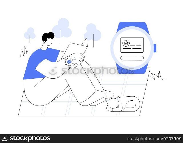 Social media notifications on smartwatch abstract concept vector illustration. Man gets notification from social network on smartwatch, mobile technology, online communication abstract metaphor.. Social media notifications on smartwatch abstract concept vector illustration.
