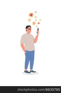 Social media obsessed flat color vector detailed character. Man with smartphone addiction. Online approval. Bad habit isolated cartoon illustration for web graphic design and animation. Social media obsessed flat color vector detailed character