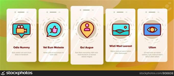 Social Media Onboarding Mobile App Page Screen Vector Thin Line. Internet Social Chat And Message In Smartphone, Web Site Details Like And Bell Mark Linear Pictograms. Illustrations. Social Media Onboarding Vector