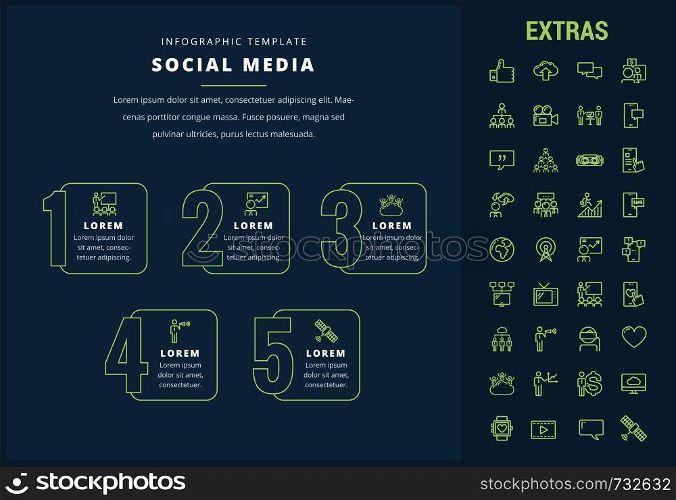 Social media options infographic template, elements and icons. Infograph includes line icon set with tv set, network connection, electronic mail, internet technology, organization chart, cellphone etc. Social media infographic template, elements, icons