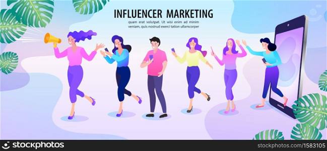 social media or network promotion. influencer marketing concept - blogger promotion services and goods for his followers online. Flat vector illustration.