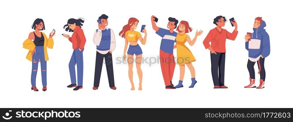 Social media people. Cartoon men or women using smartphones for selfie, messages, and video communication. Teenagers chatting. Isolated young characters holding phones. Vector persons with gadgets set. Social media people. Cartoon men or women using smartphones for selfie, messages, and communication. Teenagers chatting. Young characters holding phones. Vector persons with gadgets set