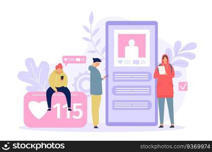 Social media people. Young men and women using smartphone. Phone screen with photo, likes and comments. Gadget addiction flat vector concept. Characters checking network profile in device. Social media people. Young men and women using smartphone. Phone screen with photo, likes and comments. Gadget addiction flat vector concept
