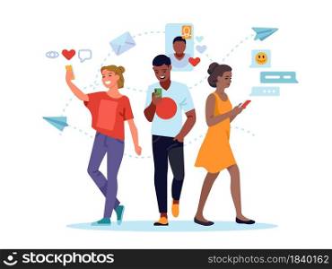 Social media people. Young women and man using social networks, mobile internet messaging, comments posting and put likes by phone messenger vector concept. Social media people. Young women and man using social networks, mobile internet messaging, comments posting and put likes. Vector concept