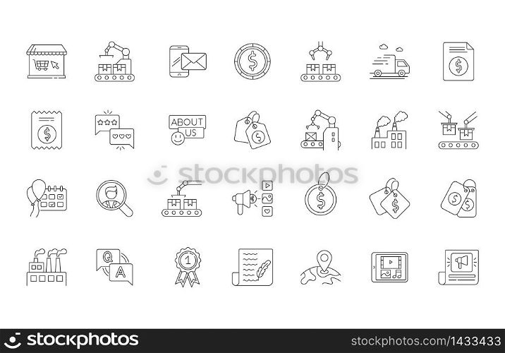 Social media pixel perfect linear icons set. E commerce and retail. Online shopping. Internet trade. Customizable thin line contour symbols. Isolated vector outline illustrations. Editable stroke. Social media pixel perfect linear icons set