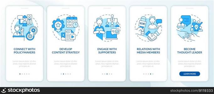 Social media plans for advocacy blue onboarding mobile app screen. Walkthrough 5 steps editable graphic instructions with linear concepts. UI, UX, GUI template. Myriad Pro-Bold, Regular fonts used. Social media plans for advocacy blue onboarding mobile app screen