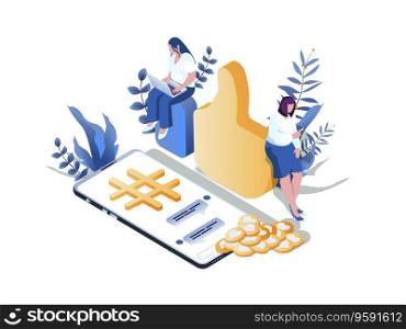 Social media platform concept 3d isometric web scene. People browsing and communicating online, chatting with friend, likes post using mobile app. Vector illustration in isometry graphic design