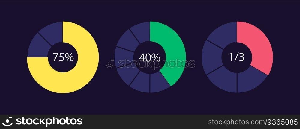 Social media poll results circle infographic design template set for dark theme. Internet research. Editable pie charts with sectors. Visual data presentation. Myriad Pro-Regular font used. Social media poll results circle infographic design template set for dark theme